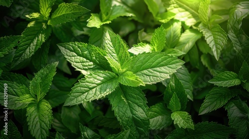 This image features a close-up view of fresh mint leaves, showcasing their vibrant green color and intricate texture in a cinematic and natural style.