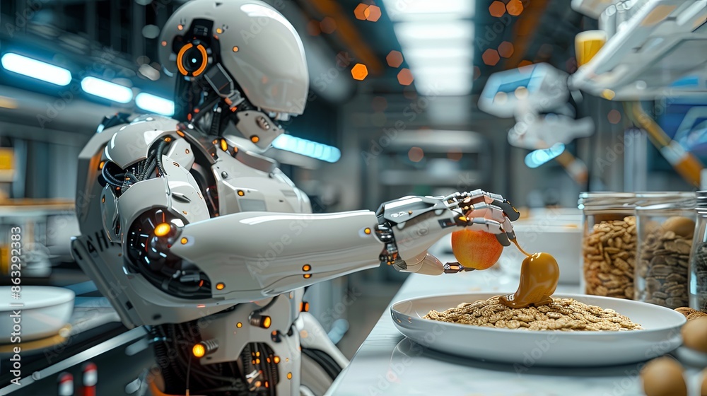 Fototapeta premium Futuristic Robot Preparing a Healthy Breakfast in a Modern Kitchen