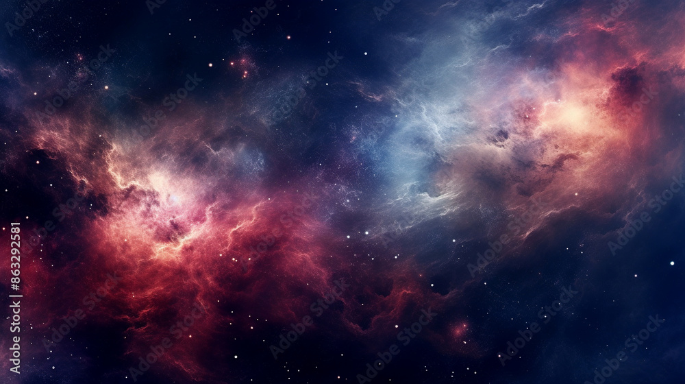 A breathtaking view of a star-filled night sky featuring vibrant, swirling nebulae in shades of red, pink, blue, and white A breathtaking view of a star-filled night sky featuring vibrant, swirling nebulae in shades of red, pink, blue, and white