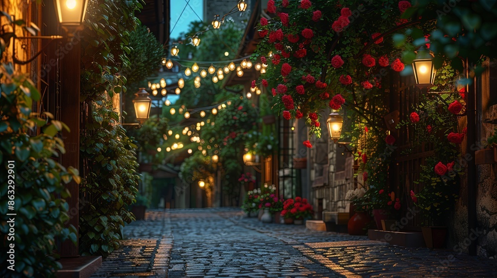 Charming cobblestone alley adorned with roses and fairy lights at dusk Charming cobblestone alley adorned with roses and fairy lights at dusk