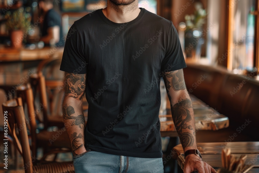A person with distinctive body art standing in a dining area A person with distinctive body art standing in a dining area