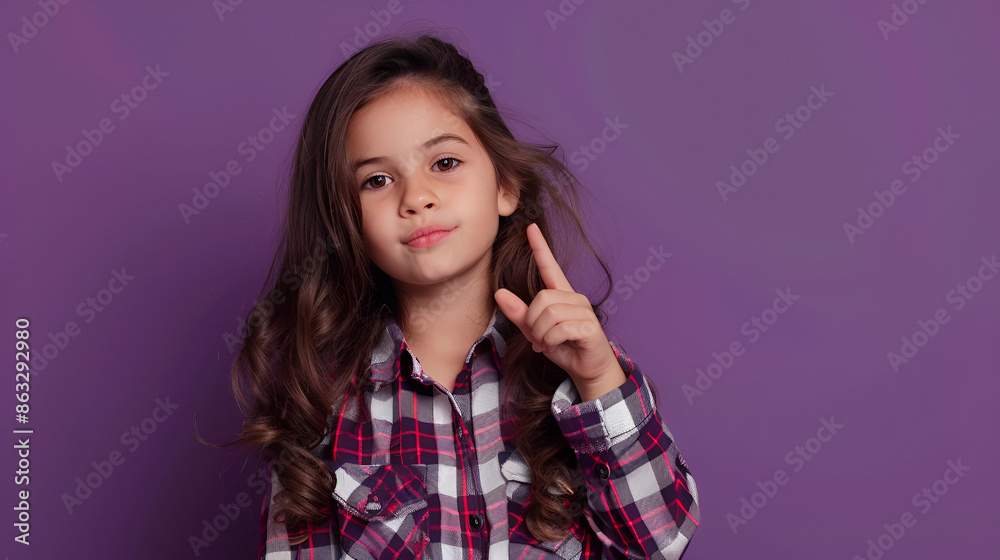 Portrait of lovely young girl point finger hair wear shirt isolated on purple color background Portrait of lovely young girl point finger hair wear shirt isolated on purple color background