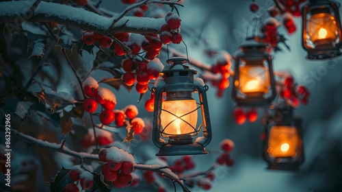 Snow-Covered Branches Adorned With Lanterns and Berries in Winter Twilight photo