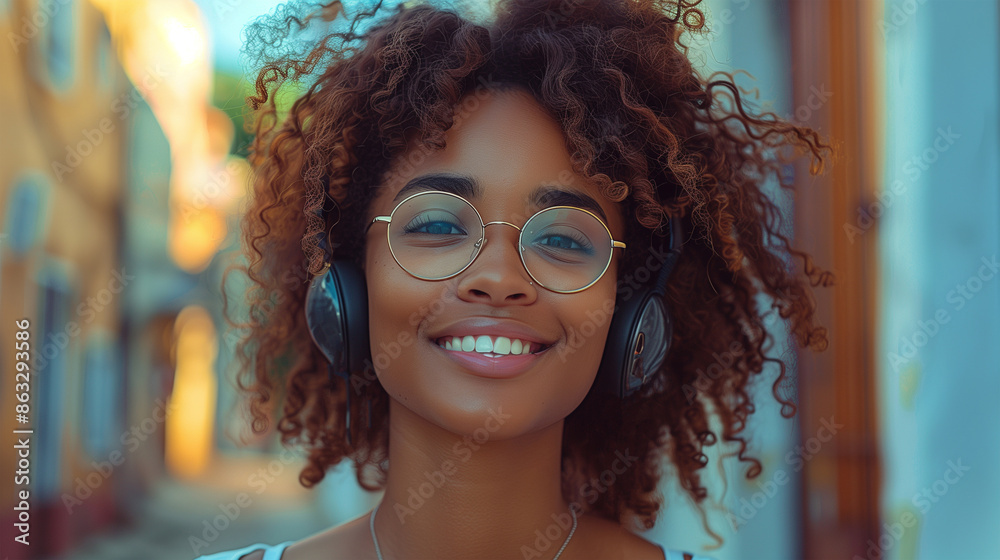A young African-American girl with glasses smiling wearing a wireless headset, outdoor portrait A young African-American girl with glasses smiling wearing a wireless headset, outdoor portrait