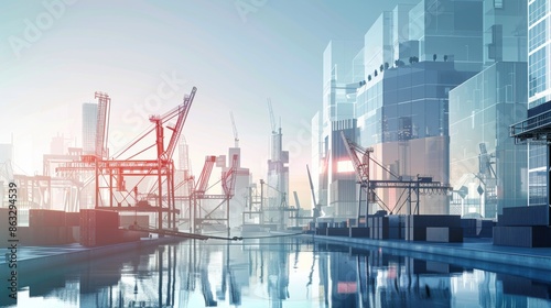 A modern harbor with cranes and shipping containers against a backdrop of futuristic cityscapes, Representing the integration of modern architecture and maritime trade, Futuristic city style