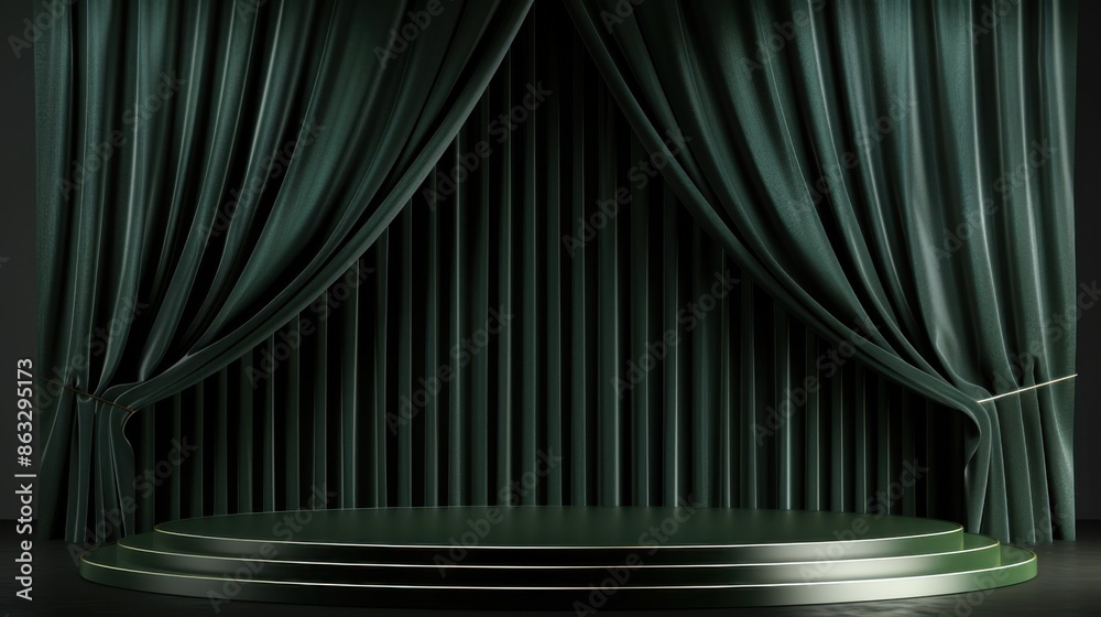 Fototapeta premium Elegant green podium display with draped satin wave curtains, creating a luxurious and sophisticated stage setting.