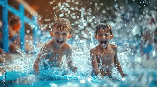 Two children having fun in a pool on a sunny day