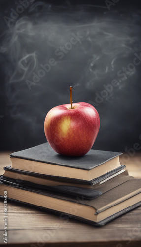 Apple on books with pencils and empty blackboard back to school