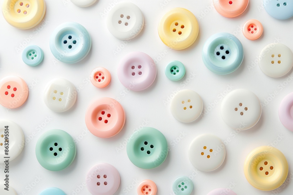 A collection of variously colored buttons arranged on a plain white surface A collection of variously colored buttons arranged on a plain white surface