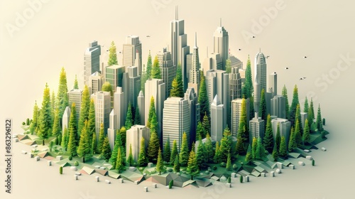 An isometric illustration of a sustainable city surrounded by trees, showcasing skyscrapers integrating greenery, set against a white background. © neatlynatly