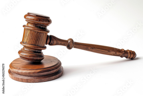 Wooden judge's gavel on white background. Justice, law and authority symbol. Legal services, court-related articles and judicial concepts.