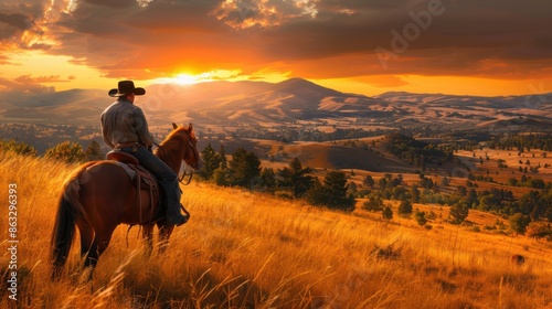 A cowboy riding a horse in a field at sunset, with a stunning backdrop of rolling hills and a dramatic sky.