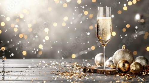 A glass of champagne on a wooden surface with gold and silver Christmas ornaments. The background features a sparkling bokeh effect creating a festive atmosphere. photo