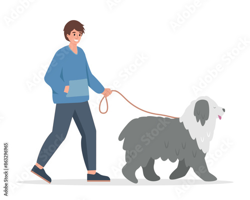 Young Man walking with big fluffy dog. Guy with happy dog on leash. Pet and owner spending time together, healthy lifestyle concept. Vector flat illustration isolated on white background.
