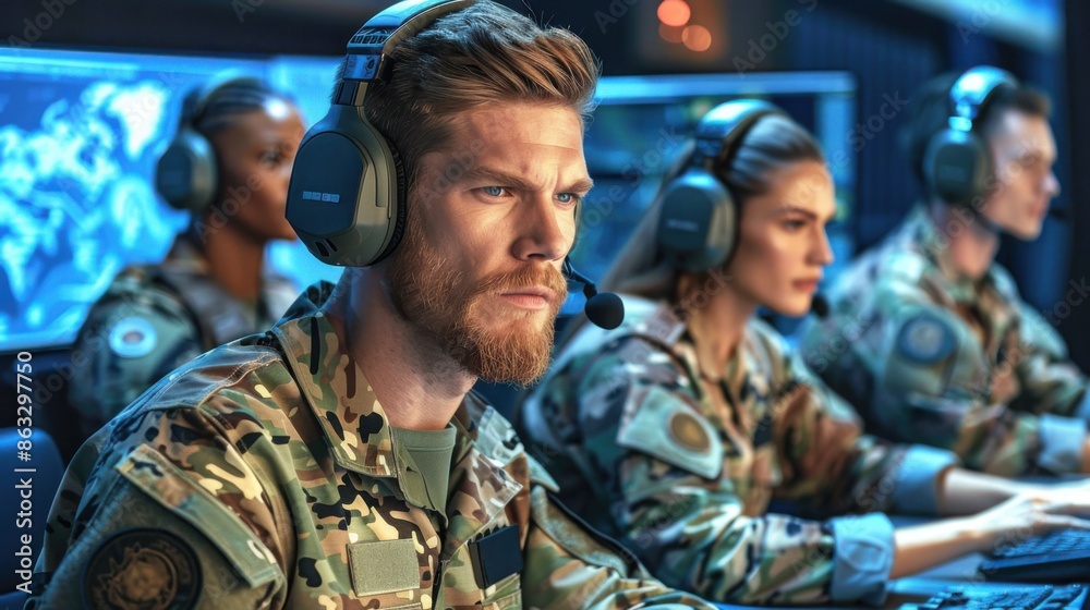 A focused team of IT specialists in military uniforms working together at a command center, all wearing headsets for communication. A focused team of IT specialists in military uniforms working together at a command center, all wearing headsets for communication.