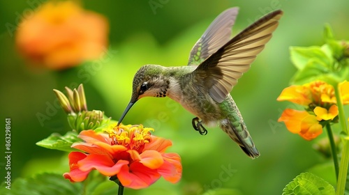 A baby hummingbird drinks nectar from a flower in Ontario, Canada photo