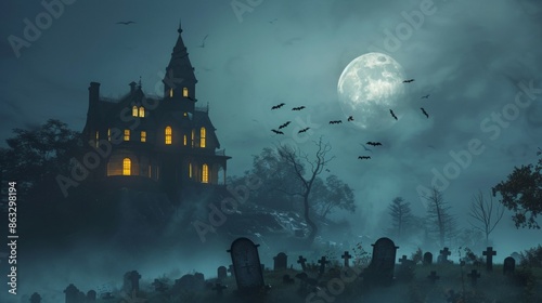 A spooky image of a haunted mansion shrouded in fog, standing tall under a full moon with bats flying overhead. The house is lit by a few warm lights and is surrounded by a cemetery