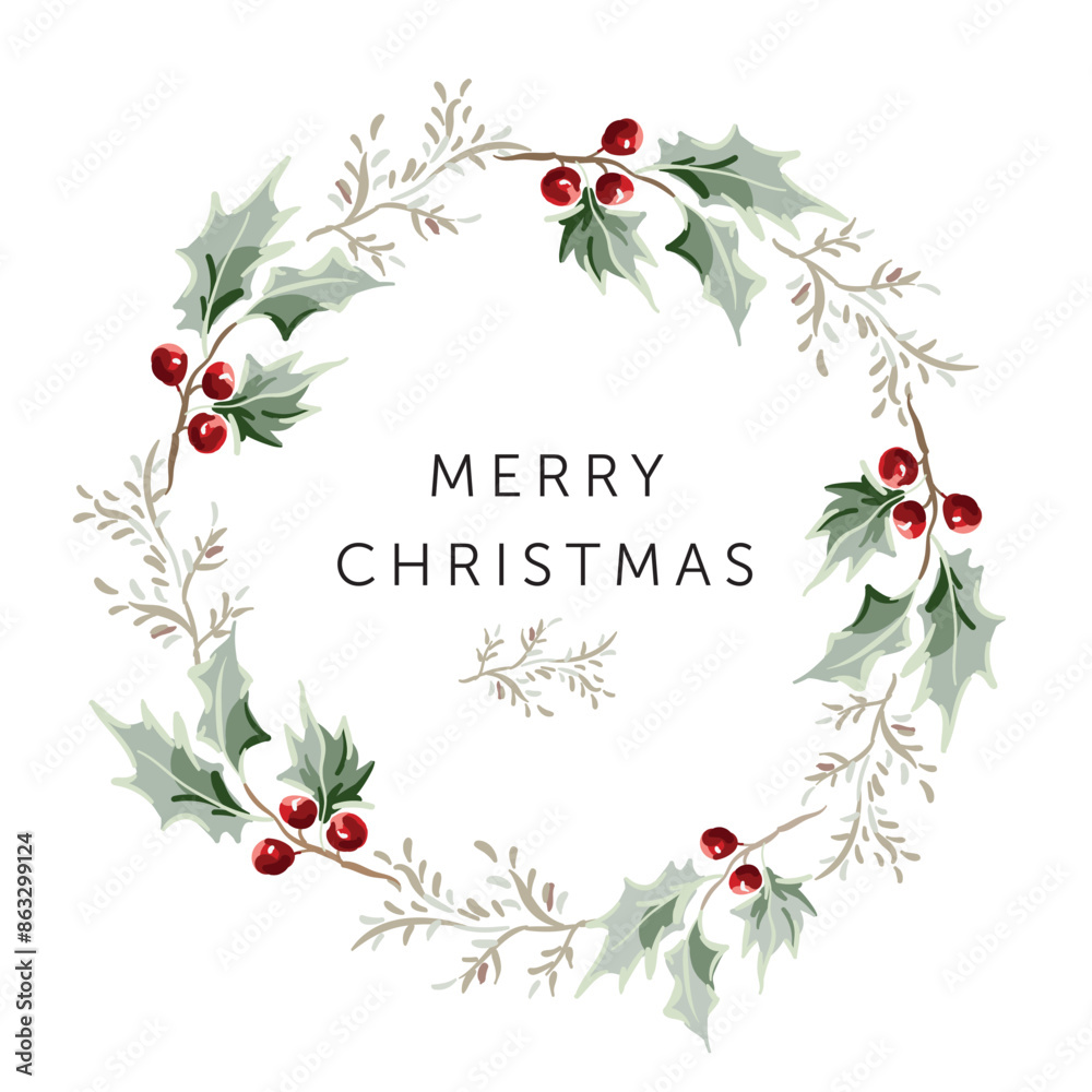 Christmas wreath with text, white background. Green holly twigs with ...