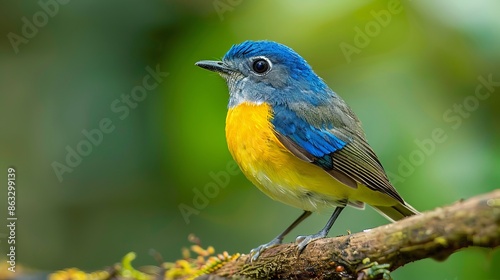 A blue bird with a yellow chest and white eyebrows sits on a branch. Its side feathers can be seen clearly against the blurry green background. This bird is called the Snowy-browed Flycatcher
