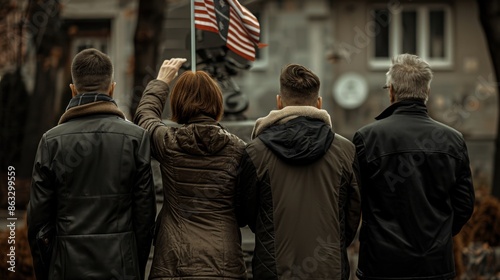 A group of veterans from different generations are gathered together, facing away from the camera. An American flag is visible in the photo. © neatlynatly