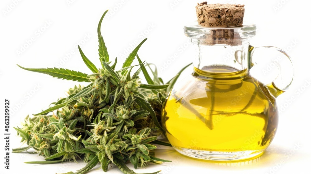 Image shows a bottle of cannabis oil placed next to a pile of marijuana, useful for illustrations about cannabis products or medical use Image shows a bottle of cannabis oil placed next to a pile of marijuana, useful for illustrations about cannabis products or medical use