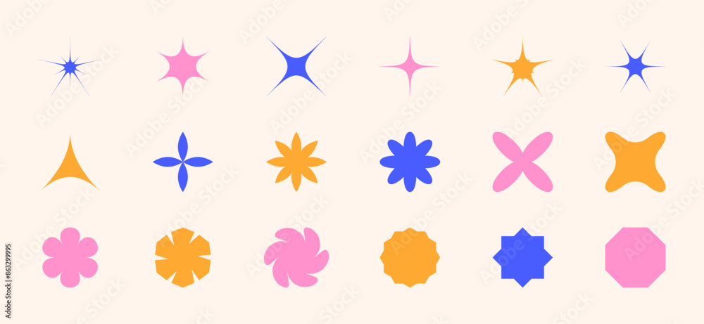 Set of abstract shapes - star, flowers, sparks. Trendy Y2K Retro Badges. Smooth and angular geometric figures. Sticker Label. Design elements isolated. Patch. Yellow, pink, blue. Vector illustration Set of abstract shapes - star, flowers, sparks. Trendy Y2K Retro Badges. Smooth and angular geometric figures. Sticker Label. Design elements isolated. Patch. Yellow, pink, blue. Vector illustration