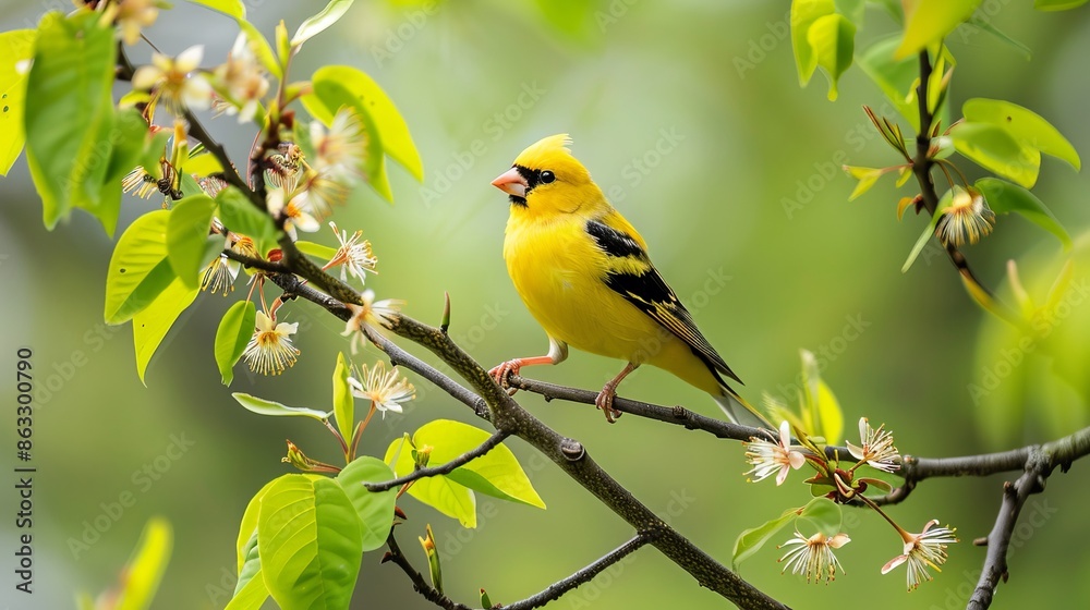 A lovely male Lugano goldfinch with striking yellow feathers perches on a delicate branch in the woods A lovely male Lugano goldfinch with striking yellow feathers perches on a delicate branch in the woods
