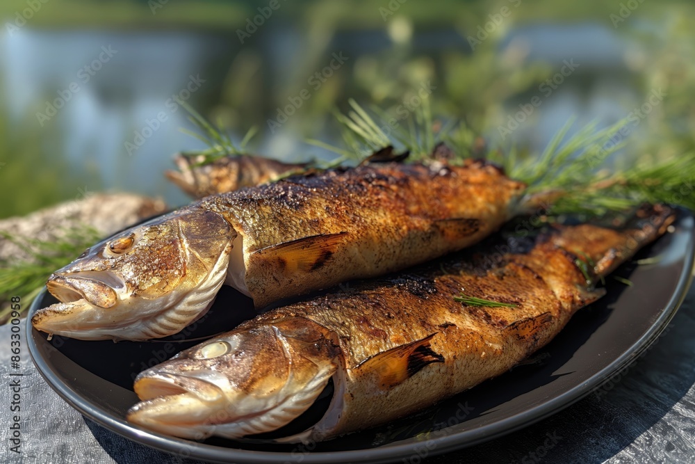 Close-up of two grilled fish placed neatly on a black plate, garnished with fresh herbs in an outdoor setting beside a peaceful lake, capturing nature's beauty. Close-up of two grilled fish placed neatly on a black plate, garnished with fresh herbs in an outdoor setting beside a peaceful lake, capturing nature's beauty.