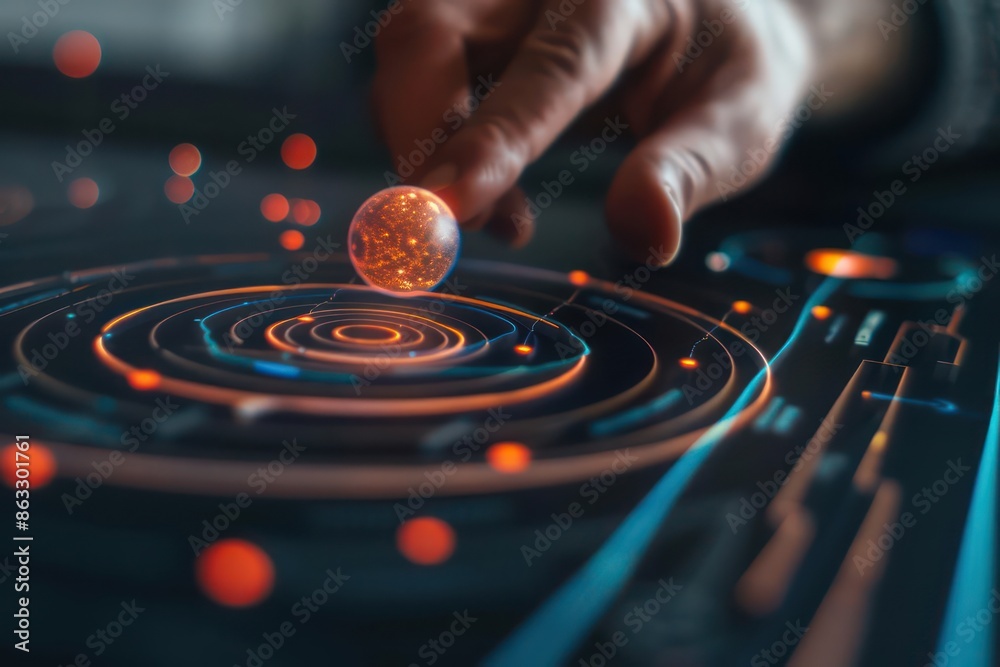 Obraz premium Closeup of a hand interacting with a holographic solar system model, with copy space