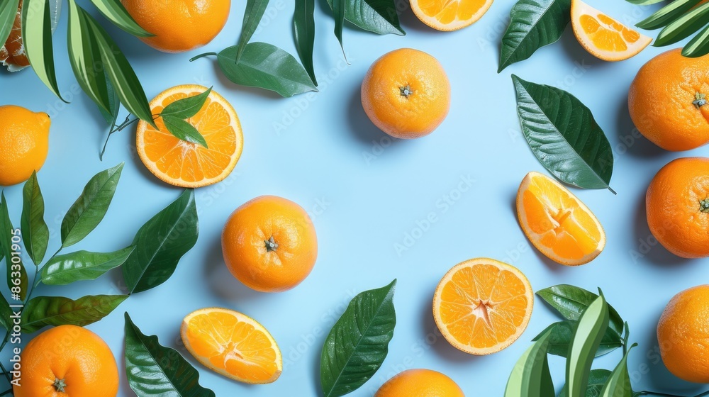 Fresh oranges with green leaves arranged on a blue background, perfect for food or decoration related images Fresh oranges with green leaves arranged on a blue background, perfect for food or decoration related images