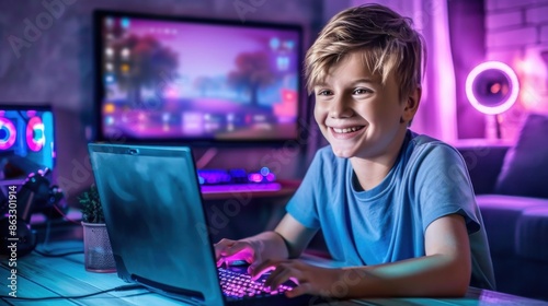 A smiling boy is using a laptop in a vibrant gaming club. The room has a colorful, neon-lit atmosphere with a large display screen in the background.