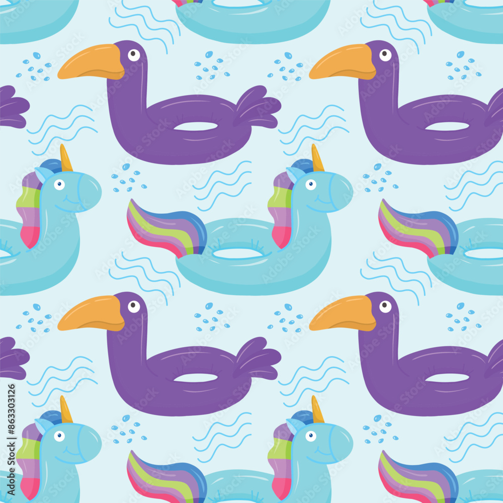 Seamless pattern with blue inflatable unicorn and purple toucan. A float for the pool. Inflatable colorful unicorns and cockatoos. A swimming circle. Vector template for your summer beach design Seamless pattern with blue inflatable unicorn and purple toucan. A float for the pool. Inflatable colorful unicorns and cockatoos. A swimming circle. Vector template for your summer beach design
