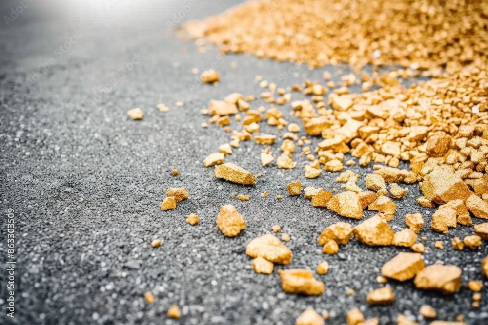A striking image showcasing a pile of shimmering gold fragments scattered across a contrasting dark, textured surface. A striking image showcasing a pile of shimmering gold fragments scattered across a contrasting dark, textured surface.