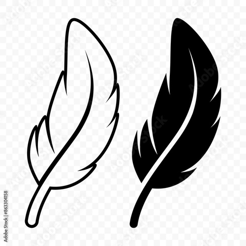 Vector Black and White Fluffy Feather Logo Icons. Silhouette Feather Set Closeup Isolated. Design Template of Flamingo, Angel, Bird Feather. Lightness and Freedom Concept