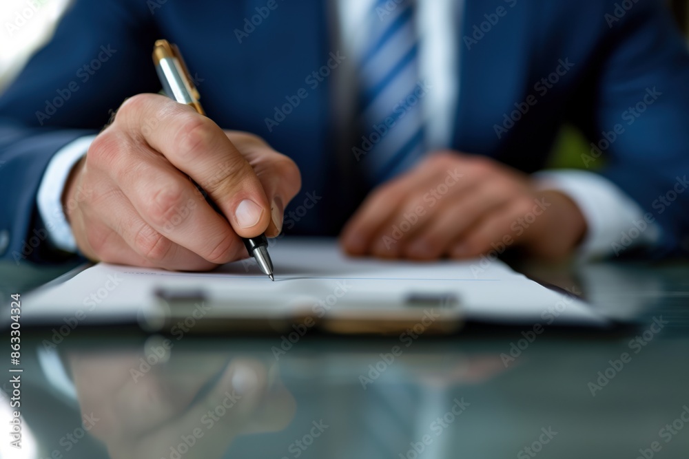 A man is writing with a pen on a piece of paper. Concept of professionalism and formality, as the man is dressed in a suit and tie A man is writing with a pen on a piece of paper. Concept of professionalism and formality, as the man is dressed in a suit and tie
