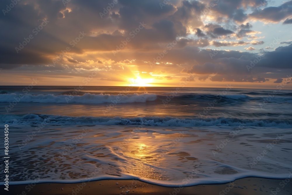 The sun is setting over the ocean, casting a warm glow on the water. The sky is filled with clouds, creating a serene and peaceful atmosphere. The waves gently lap against the shore The sun is setting over the ocean, casting a warm glow on the water. The sky is filled with clouds, creating a serene and peaceful atmosphere. The waves gently lap against the shore