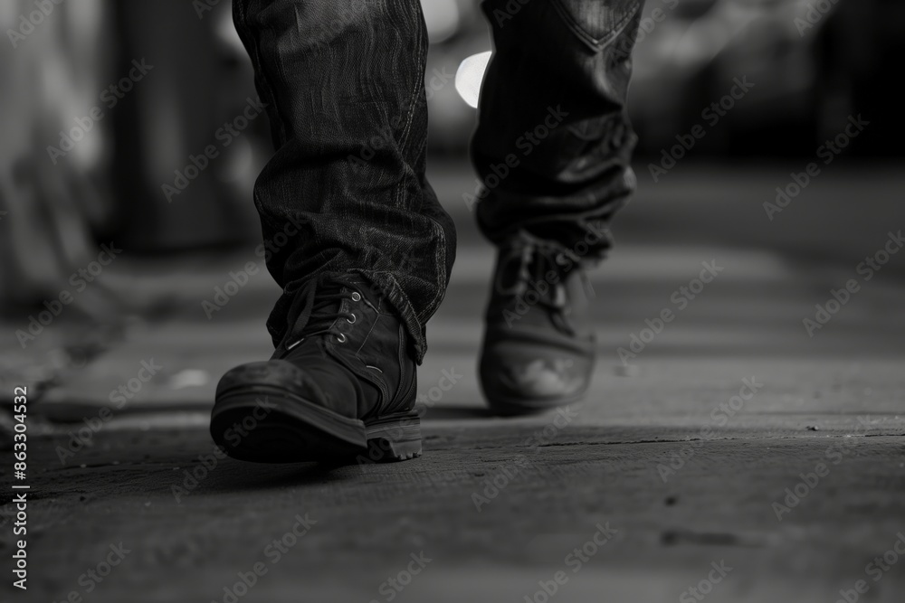 A man is walking down a sidewalk in a city. The image is in black and white, giving it a classic and timeless feel. The man's shoes are visible, and he is in a hurry A man is walking down a sidewalk in a city. The image is in black and white, giving it a classic and timeless feel. The man's shoes are visible, and he is in a hurry