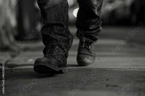 A man is walking down a sidewalk in a city. The image is in black and white, giving it a classic and timeless feel. The man's shoes are visible, and he is in a hurry
