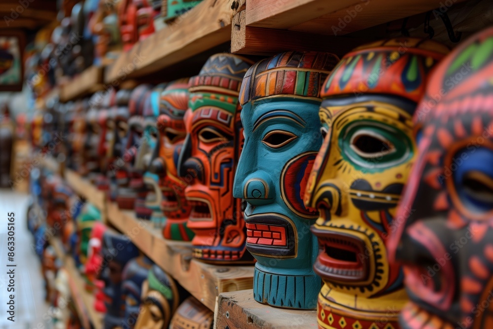 A row of colorful masks on a shelf. The masks are of different shapes and sizes, and they are arranged in a way that makes them look like they are on display. Scene is one of curiosity and intrigue A row of colorful masks on a shelf. The masks are of different shapes and sizes, and they are arranged in a way that makes them look like they are on display. Scene is one of curiosity and intrigue