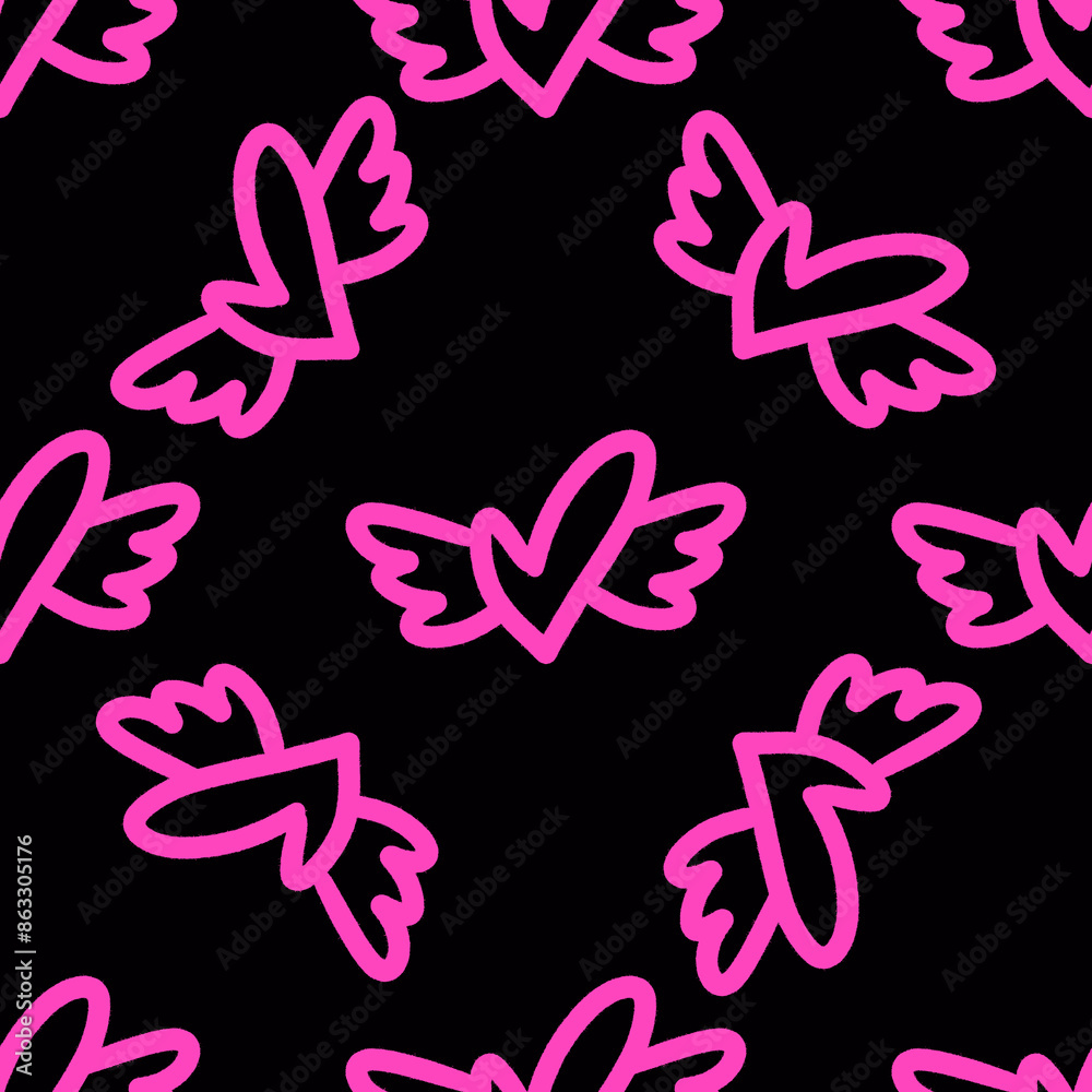 Seamless pattern of pink graffiti heart with wings. Black background. Perfect for street urban designs, Valentine's Day, trendy fashion projects. Vibrant, Y2K, modern, edgy. Grunge and spray texture. Seamless pattern of pink graffiti heart with wings. Black background. Perfect for street urban designs, Valentine's Day, trendy fashion projects. Vibrant, Y2K, modern, edgy. Grunge and spray texture.