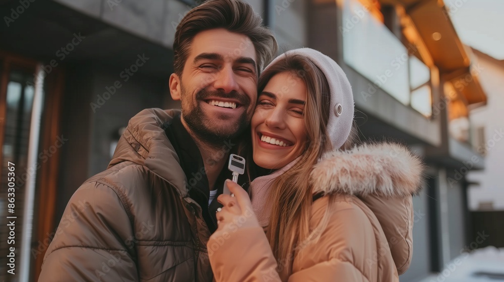 Happy young couple holding home keys after buying real estate - Husband and wife standing outside in front of their new house Happy young couple holding home keys after buying real estate - Husband and wife standing outside in front of their new house