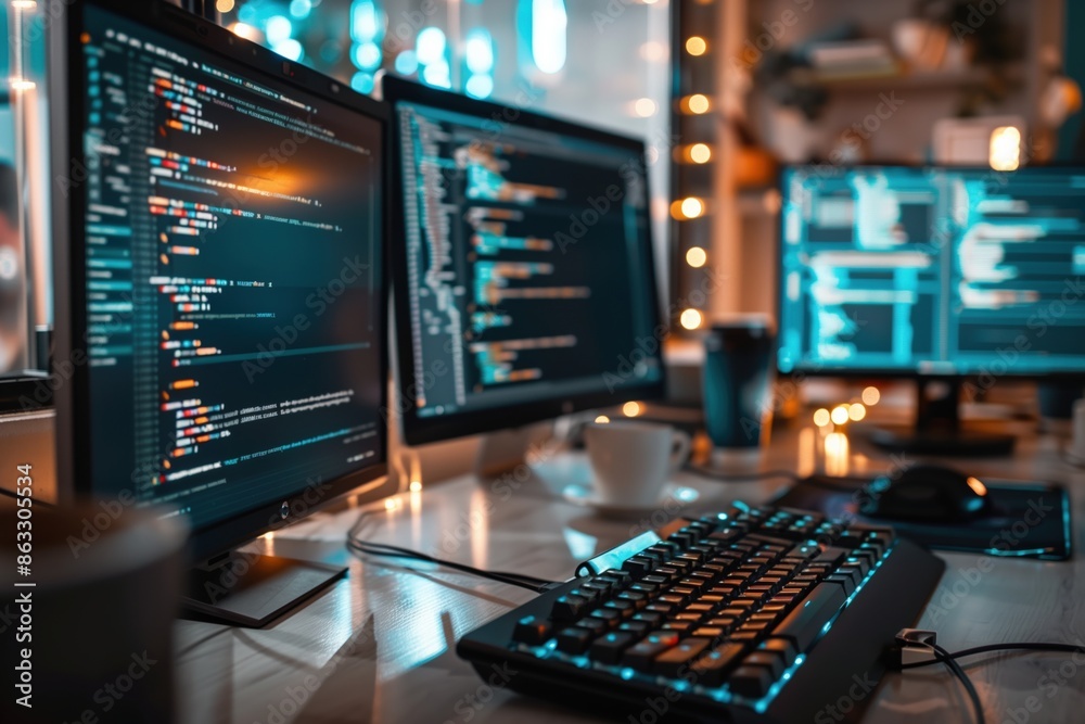 A computer desk with two monitors and a keyboard. The monitors are displaying code and the keyboard is black A computer desk with two monitors and a keyboard. The monitors are displaying code and the keyboard is black