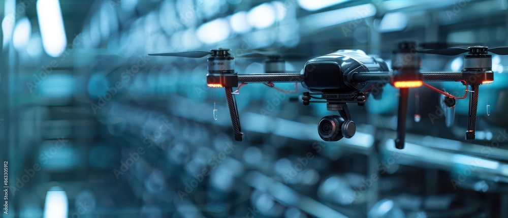 Detailed view of a drone feeding system delivering food to animals in hightech enclosures, with space for text Detailed view of a drone feeding system delivering food to animals in hightech enclosures, with space for text