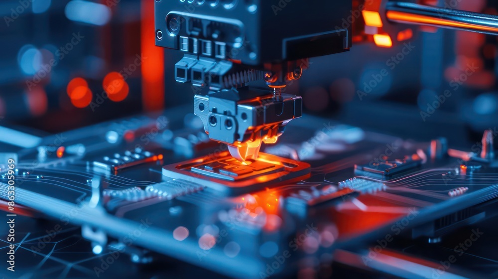 Detailed view of a futuristic 3D printer creating a prototype product, with ample copy space Detailed view of a futuristic 3D printer creating a prototype product, with ample copy space