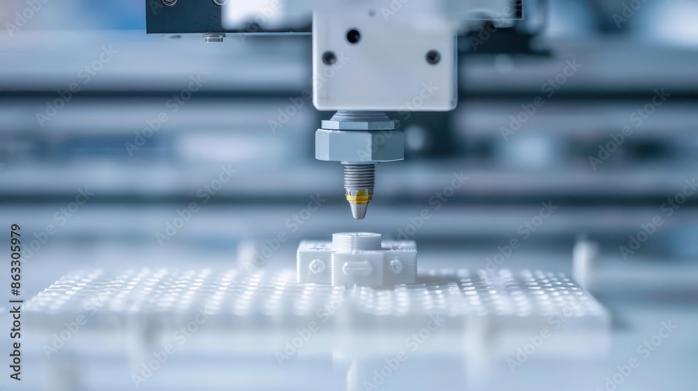 Detailed view of a futuristic 3D printer creating a prototype product, with ample copy space Detailed view of a futuristic 3D printer creating a prototype product, with ample copy space