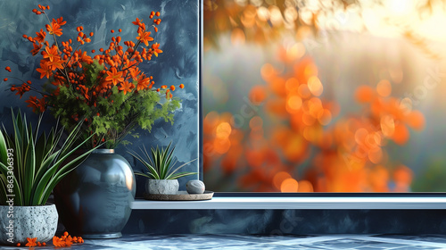 Vases with plants in it sits. Table next to a window. View of trees with orange leaves. Copy space, place for text. Autumn cosy Template poster invitation banner email header. Generative Ai content