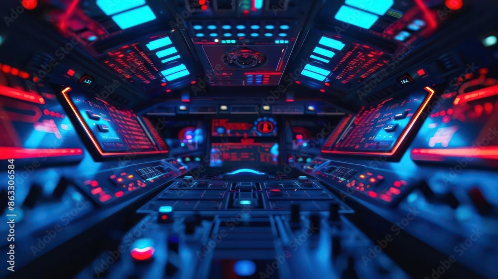 Detailed view of a futuristic spaceships control panel with glowing indicators, with space for text Detailed view of a futuristic spaceships control panel with glowing indicators, with space for text