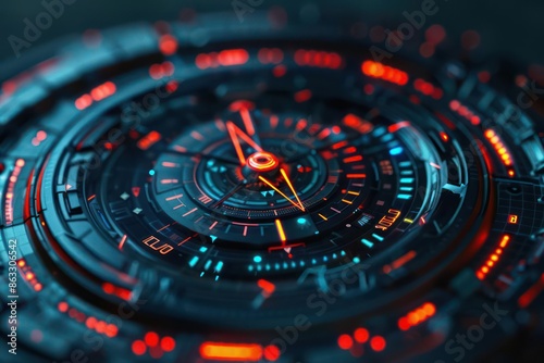 Detailed view of a futuristic compass displaying realtime directional data, with ample copy space