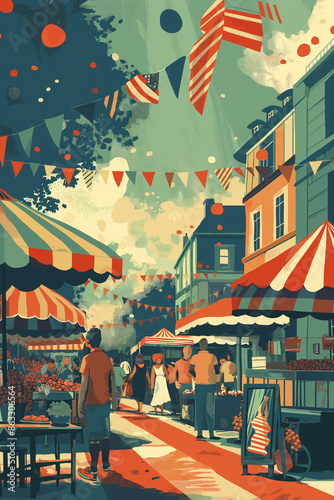 Illustrated 4th July market scene, minimalistic style Red white blue colors dominate, vendors sell American flags, patriotic crafts, Visitors enjoy festive atmosphere