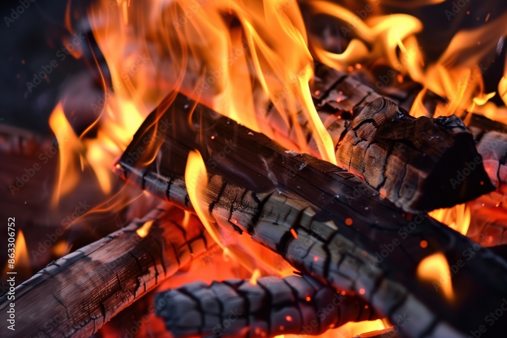 A pile of wood with flames coming out of it. Scene is warm and cozy, as the fire is a symbol of comfort and relaxation. The wood is arranged in a way that creates a sense of depth A pile of wood with flames coming out of it. Scene is warm and cozy, as the fire is a symbol of comfort and relaxation. The wood is arranged in a way that creates a sense of depth